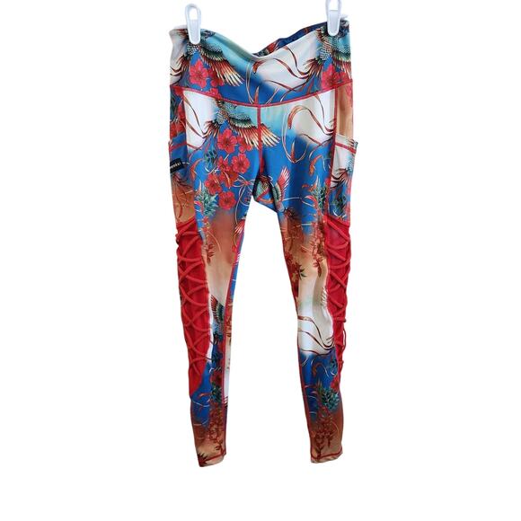 Iron Yokai Erin Sports Bra & Legging Matching Set Gym Floral Bird Red Medium - Picture 5 of 10